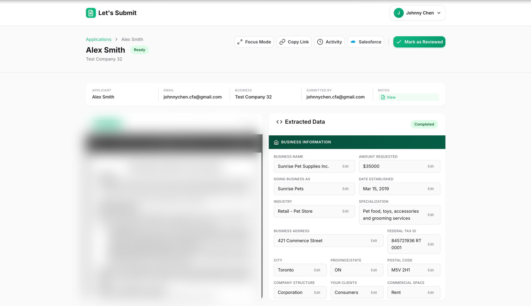 Application detail with AI-extracted data